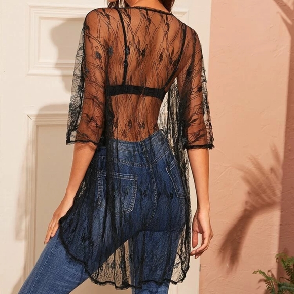 SHEIN Tops - **SOLD** Open Front Sheer Embroidery Mesh Kimono